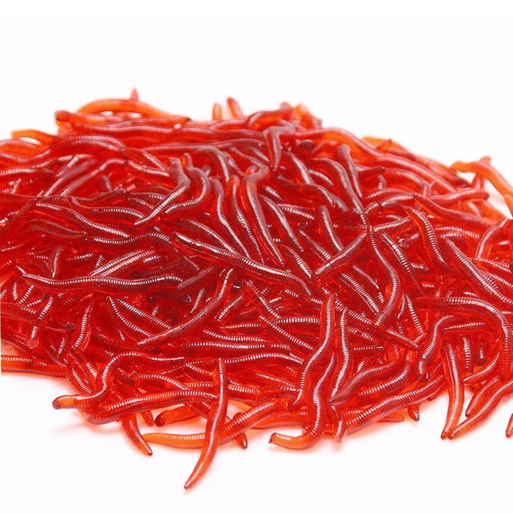 100pcs Lifelike Red Earthworm bait Worms Artificial Fishing Lure 40mm Soft Baits Silicone Shrimp Flavor Additive baits Tackle