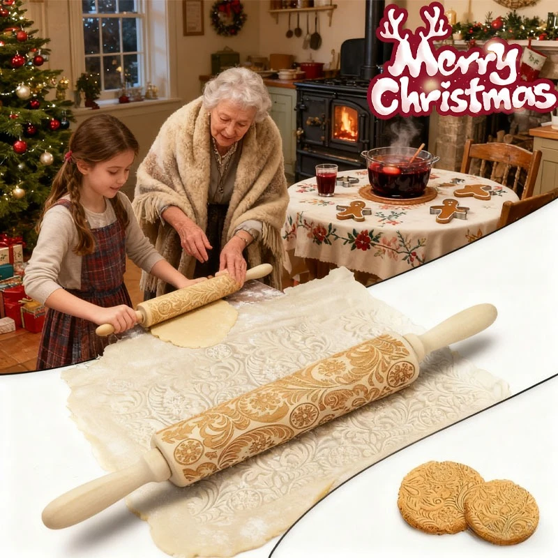 Laser-Engraved Wooden Rolling Pin Christmas Flower, Snowflake & Paisley Embossing Design for Baking