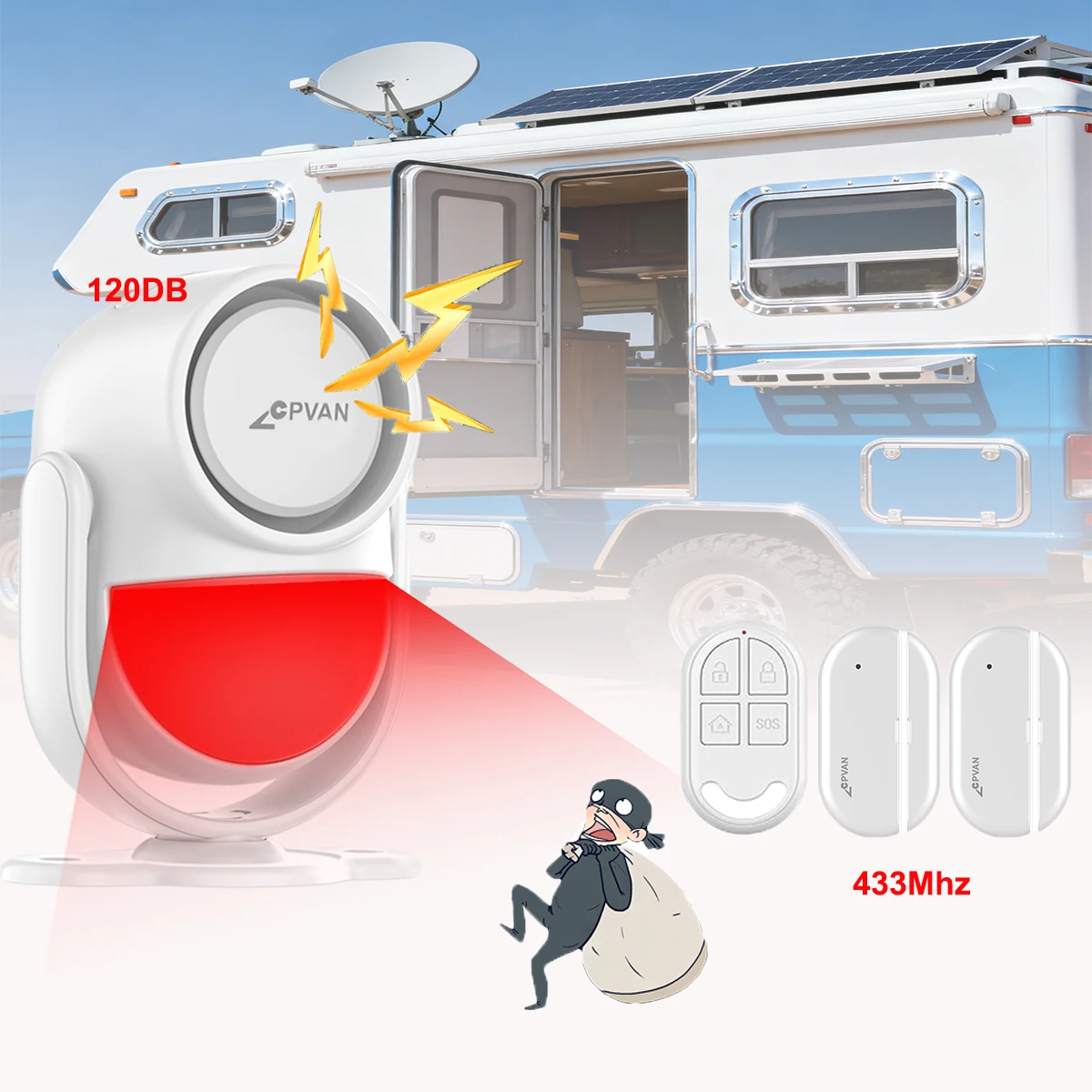 CPVAN Motion Sensor Alarm Security Detector Indoor Alert Systerm 120DB for Protecting Travel Motorhome Alarm safety