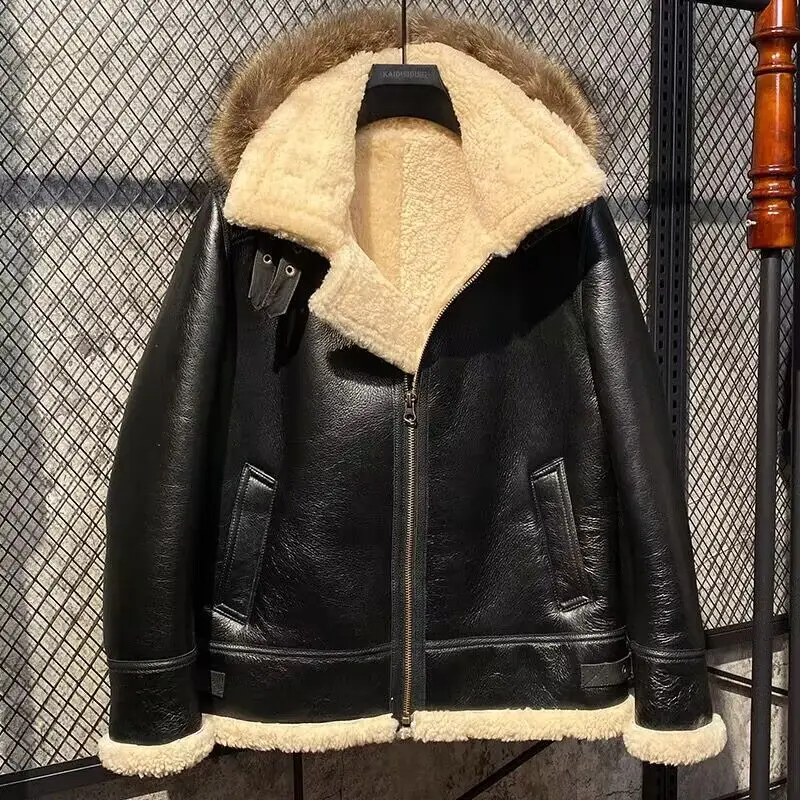 

2024 Winter Men's Genuine Leather Coat Natural Sheepskin Shearling Male Motorcyclist Pilot Jacket Raccoon Fur Hooded EUR62 64 66