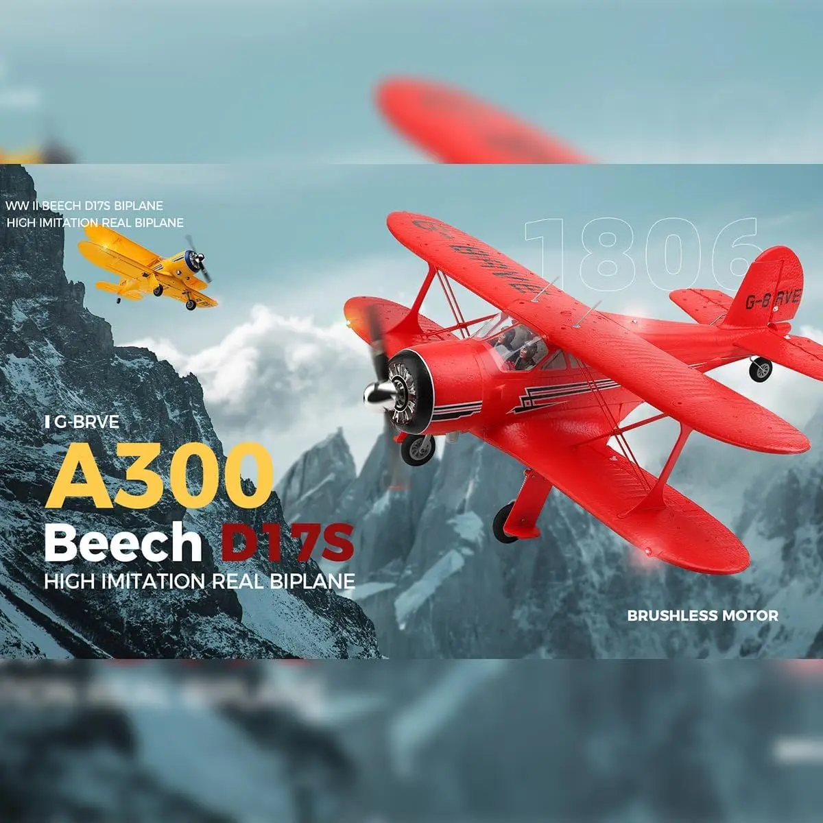 A300 Brushless RC Plane, Beech D17S WWII Scale RC Biplane, 2.4G 4CH 3D/6G Gyro Stabilization Fixed Wing Airplane PP Crash Resist