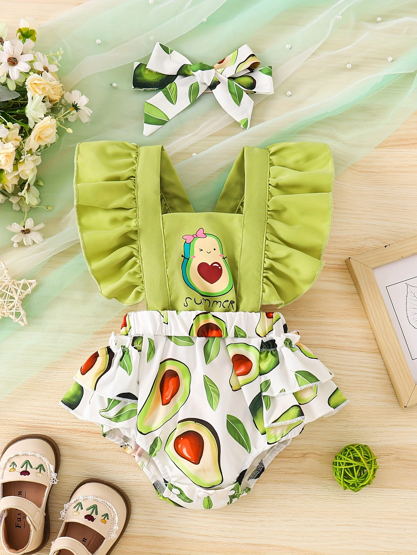 Two-Piece Set for Baby Girls: Cool Silk Cotton Casual Romper with Cute Style Cartoon Avocado Digital Print Pattern for Spring and Summer, Includes Romper and Headband