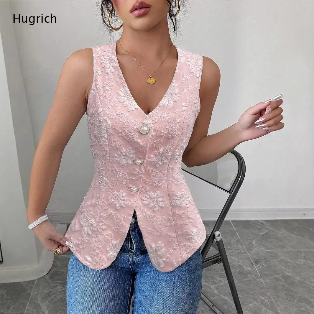 Women's Elegant Floral Lace Sleeveless Vest with V-Neck and Pearl Button Detail Slim Fit Summer Fashion Waistcoat for Casual
