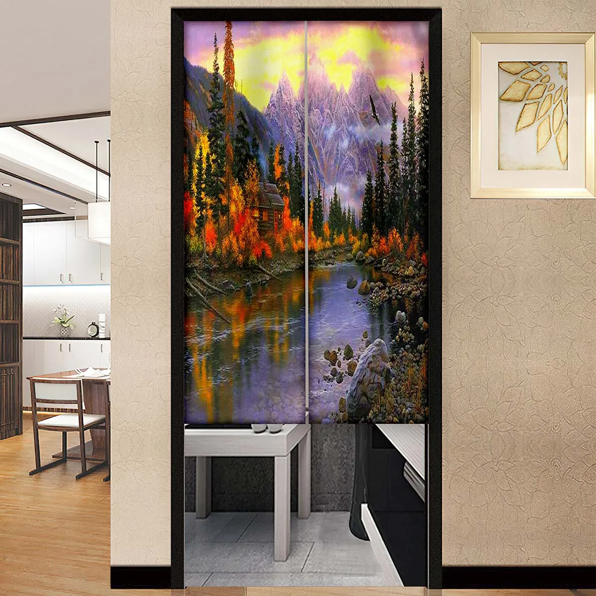 Mountains River House Trees Door Curtain Japanese Style Kitchen Partition Drapes Restaurant Studio Entrance Hanging Half-Curtain