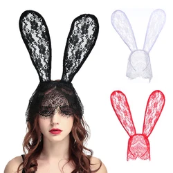 New Lace Masks Big Bunny Ears Black White Pink Headband Sexy Mask Prom Party Halloween Headwear