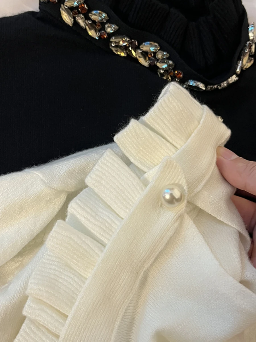French Stand Collar Ruffled Exquisite Rhinestone Knitwear Jumper Women Fall Winter High-Grade Slim Bottoming Shirt Black Sweater