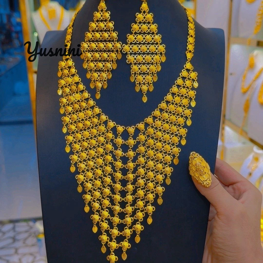 

New Dubai Fashion 24K Gold Plated Necklace Earrings and Rings Exquisite Engagement Party Jewelry Set for Lovers DD11054