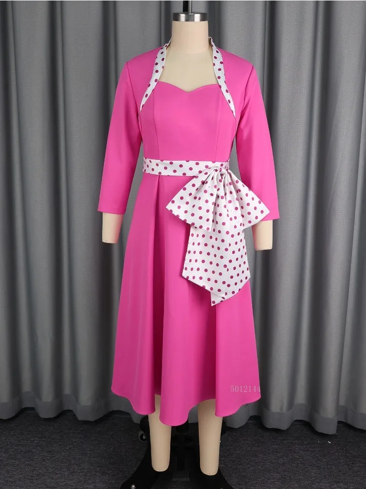 Rose Patchwork Dot Bow Dress Women Sweetheart Neck Elegant Vintage A-line Midi Dress with 3/4 Sleeve Party Casual Outfit 2026New