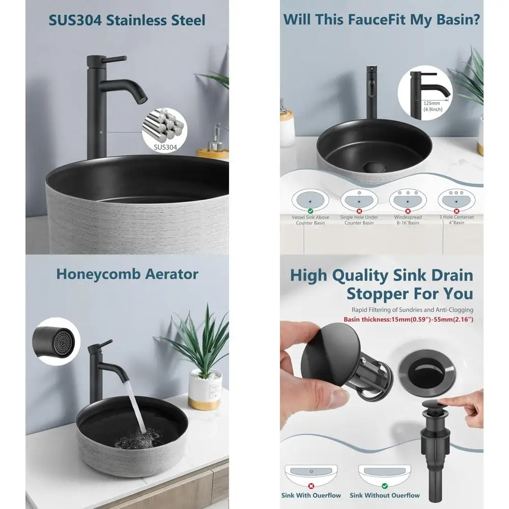 

Tall Single Handle Matte Black Vessel Sink Faucet with Pop-Up Drain for Bathroom Vanity