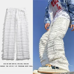 American Street Hip-hop Heavy Industry Ripped Men's Jeans 2023 Spring  Straight Loose Vibe Style Skateboard White Flared Pants