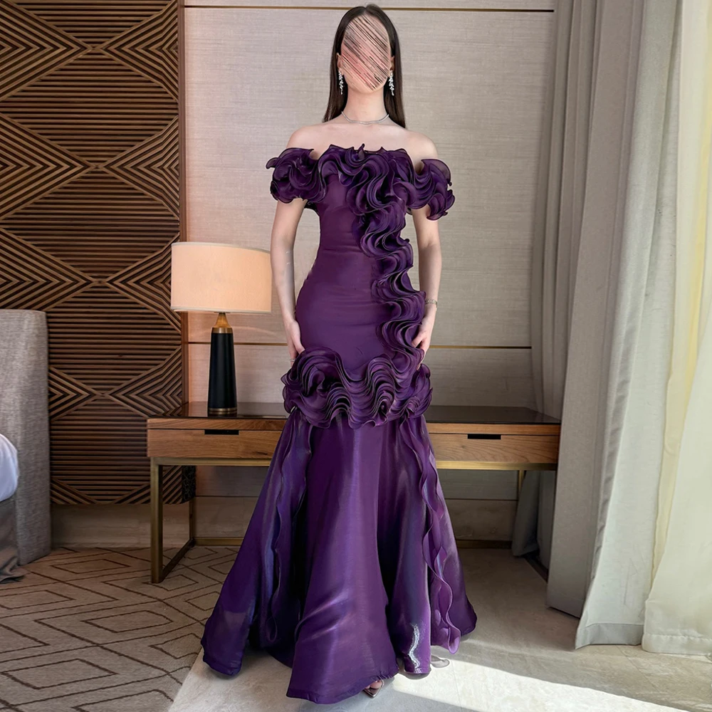 Arabic Evening Dress Mermaid Customized Off The Shoulder Boat Neck Ruffles Organza Formal Dresses Satin Saudi Prom Gowns