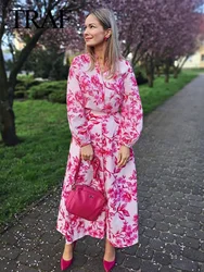 TRAF Elegant Women Set da 2 pezzi gonna lunga con cerniera a vita alta + camicie monopetto a maniche lunghe con stampa floreale rosa top Casual