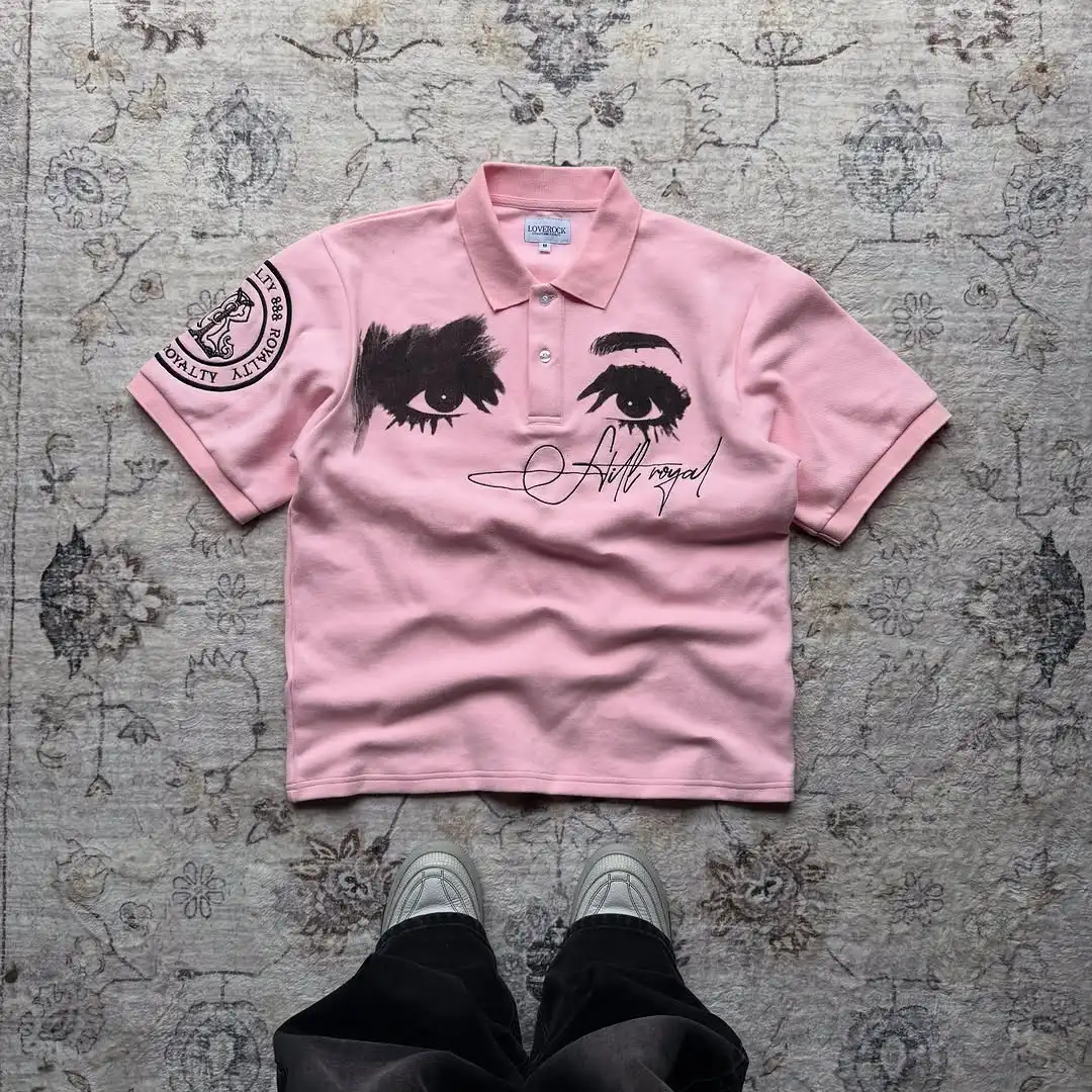 American Ins Retro Style Polo Shirt, Embroidered Logo Design, Unisex Pink Short-Sleeved T-Shirt, Street Casual Fashion
