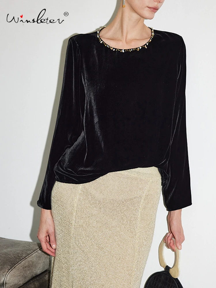 

Элегантная шелковая футболка Winsleter-Bottom из 100% натурального шелка с бархатным эффектом, с круглым вырезом и бисерной отделкой, женский шикарный топ с французскими пуговицами на спине, весна 2026, T62209CC