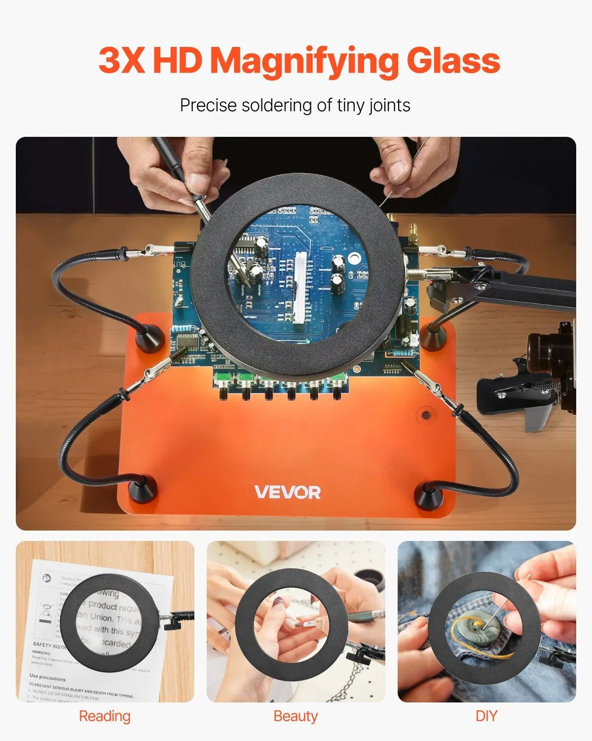 Magnetic 4-Arm Helping Hands with 3X LED Magnifying Glass, Adjustable Lighting Soldering Aid Station Tool