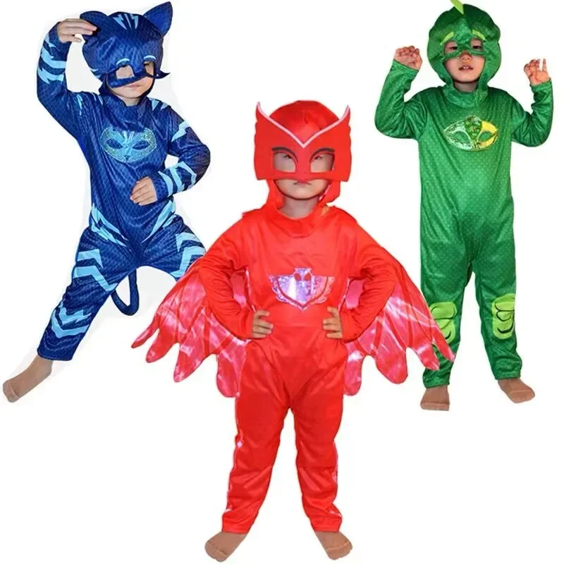 Blue Red Green Jumpsuits Cartoon Pj Cosplay Costume with Mask Night Hero Halloween Birthday Party Dress Sets Christmas Costumes