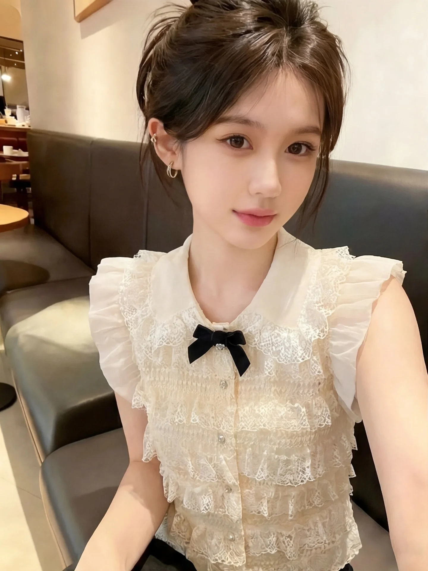 

Elegant Lace Splice Knot Shirt Women's Summer New Design Sensation Unique Beautiful Top French Style Polyester Fibe...