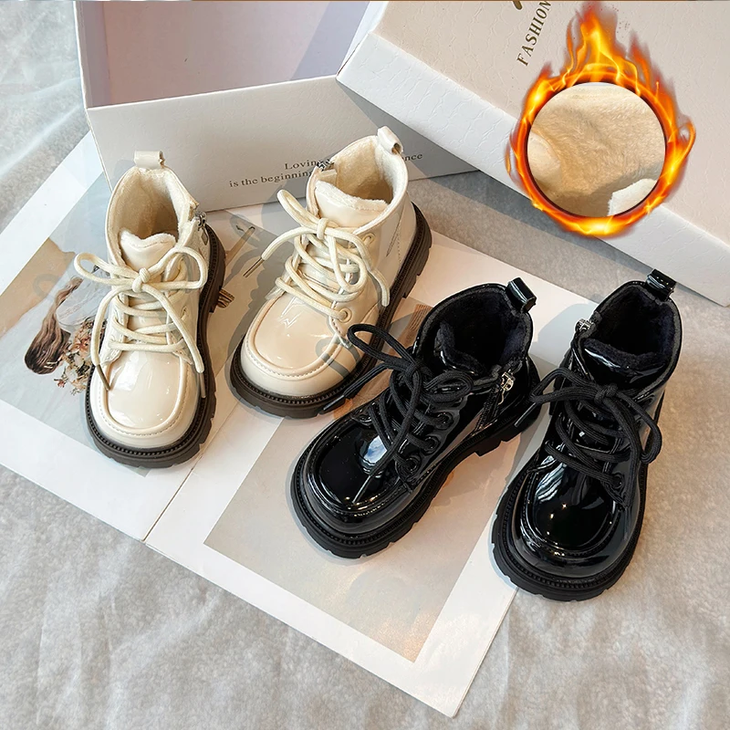 Children Leather Boots for Girls Autumn Winter Plus Cotton Warm Kids Ankle Boots PU Fashion Non-slip Girls' Shoes Botas Niña