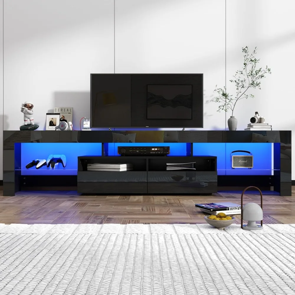 Soporte de TV LED para TV de 90/100 pulgadas, centro de entretenimiento moderno de alto brillo con cajón y luces LED, mesa de televisión