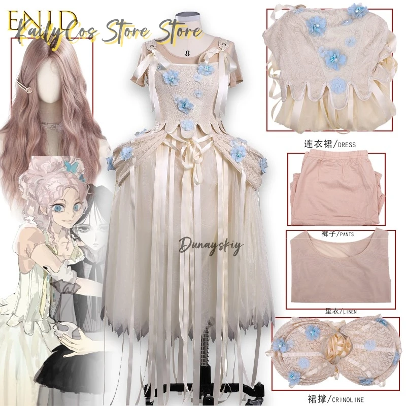 

Wedn Enid Esday Cosplay Costume Lolita Straps Waist Pleated Suspenders Women Summer Bow Gorgeous Elegant Girl Princess Skirts