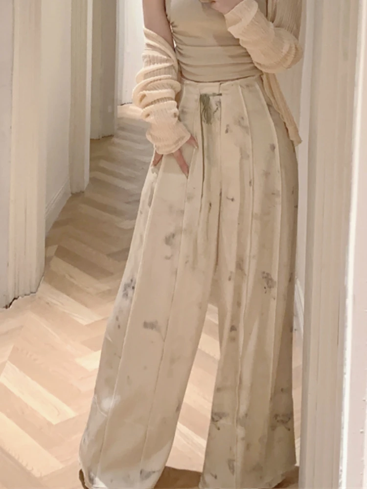 France Elegant Wide Leg Pants Women Beige Ruched Vintage Sweet Baggy Pants Female High Waist Korean Fashion Straight Pant 2023