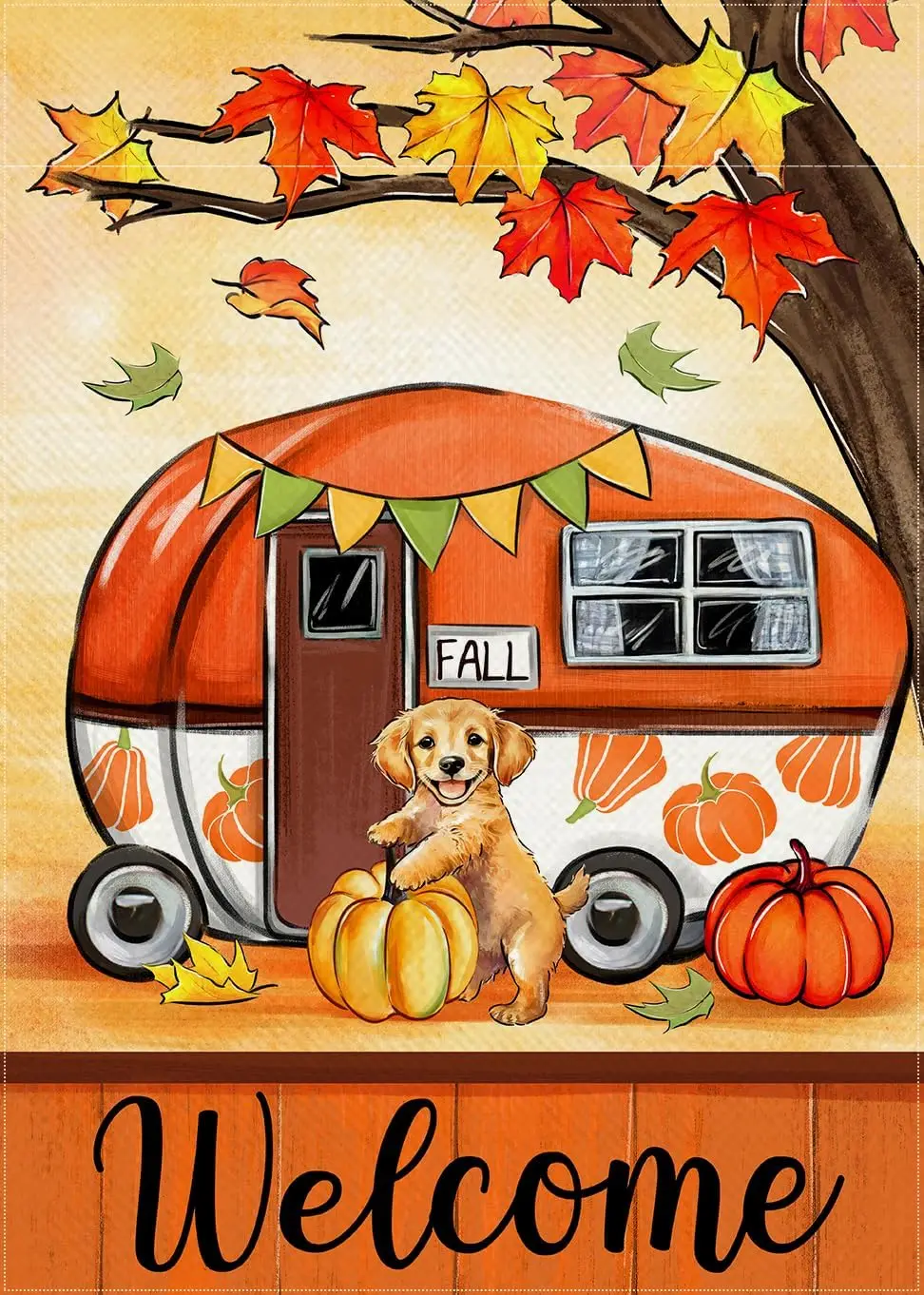 Welcome Fall Camping Car Decorative Garden Flag, Autumn Golden Retriever Dog Pumpkin Yard Outside Decorations, Maple Tree Farmho