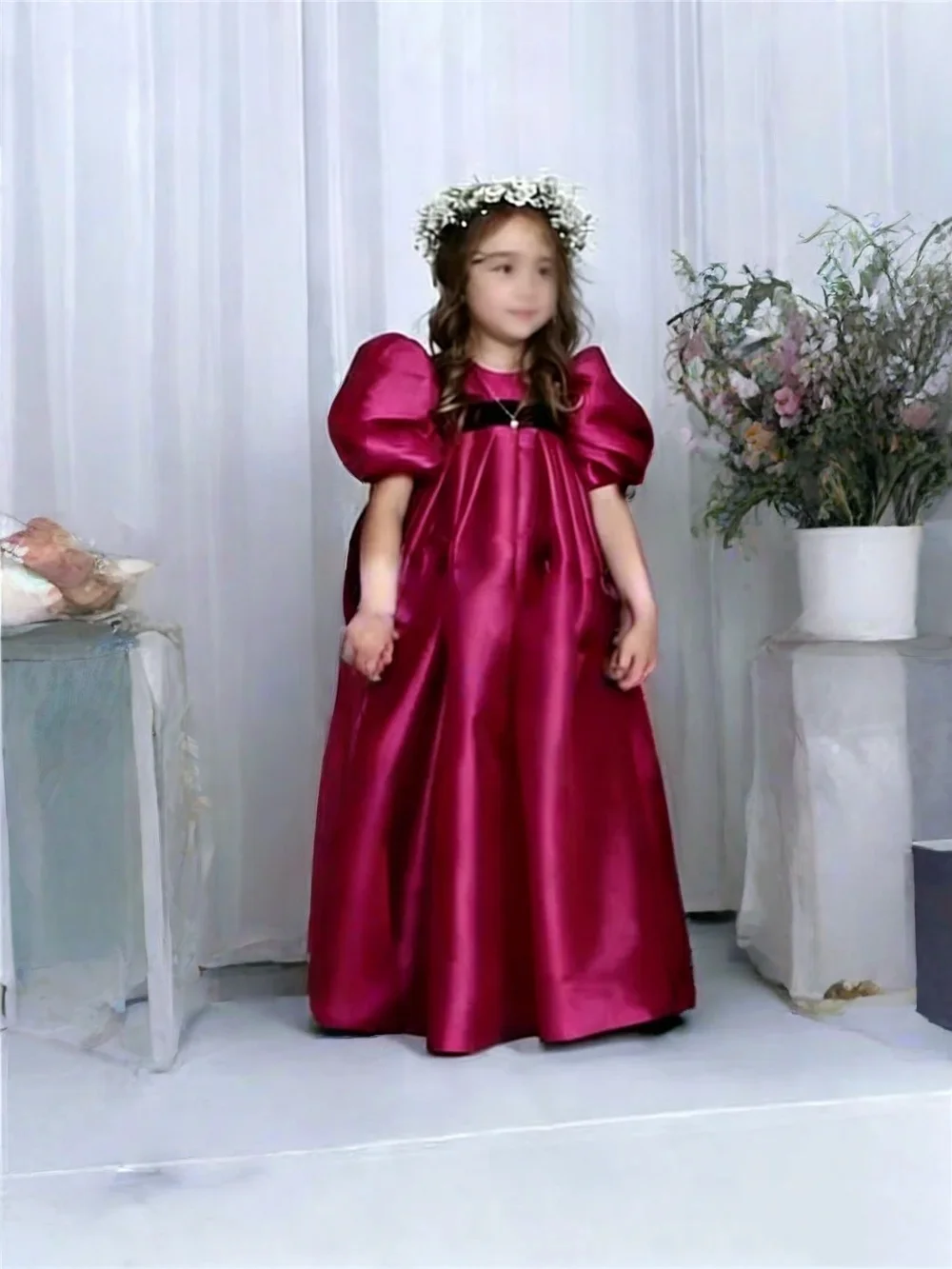 Custom Luxury Puff Sleeve Loose Satin Flower Girl Dress Wedding Bridesmaid Gown for Kids Birthday Party Pageant Runway Show