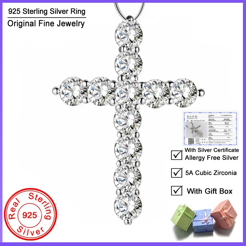 

With Silver Certificate Original 925 Sterling Silver Cross Zircon Diamant Pendant&Necklace Fine Jewelry With Box Chain&Gift Box