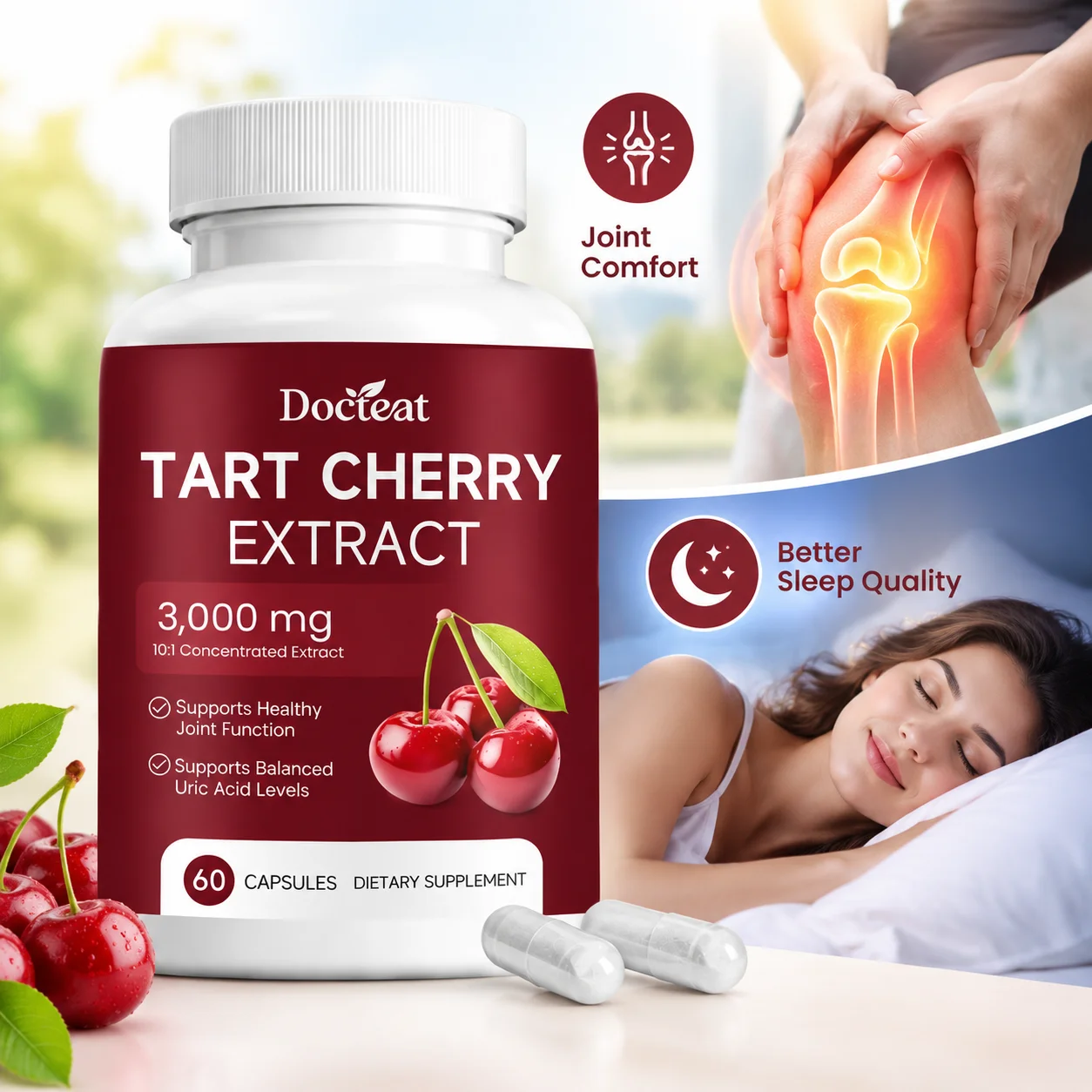 Tart Cherry Extract Capsules Supports Joint Comfort, Sleep Quality with 10:1 Concentrated Cherry Antioxidant Formula 60 Capsules