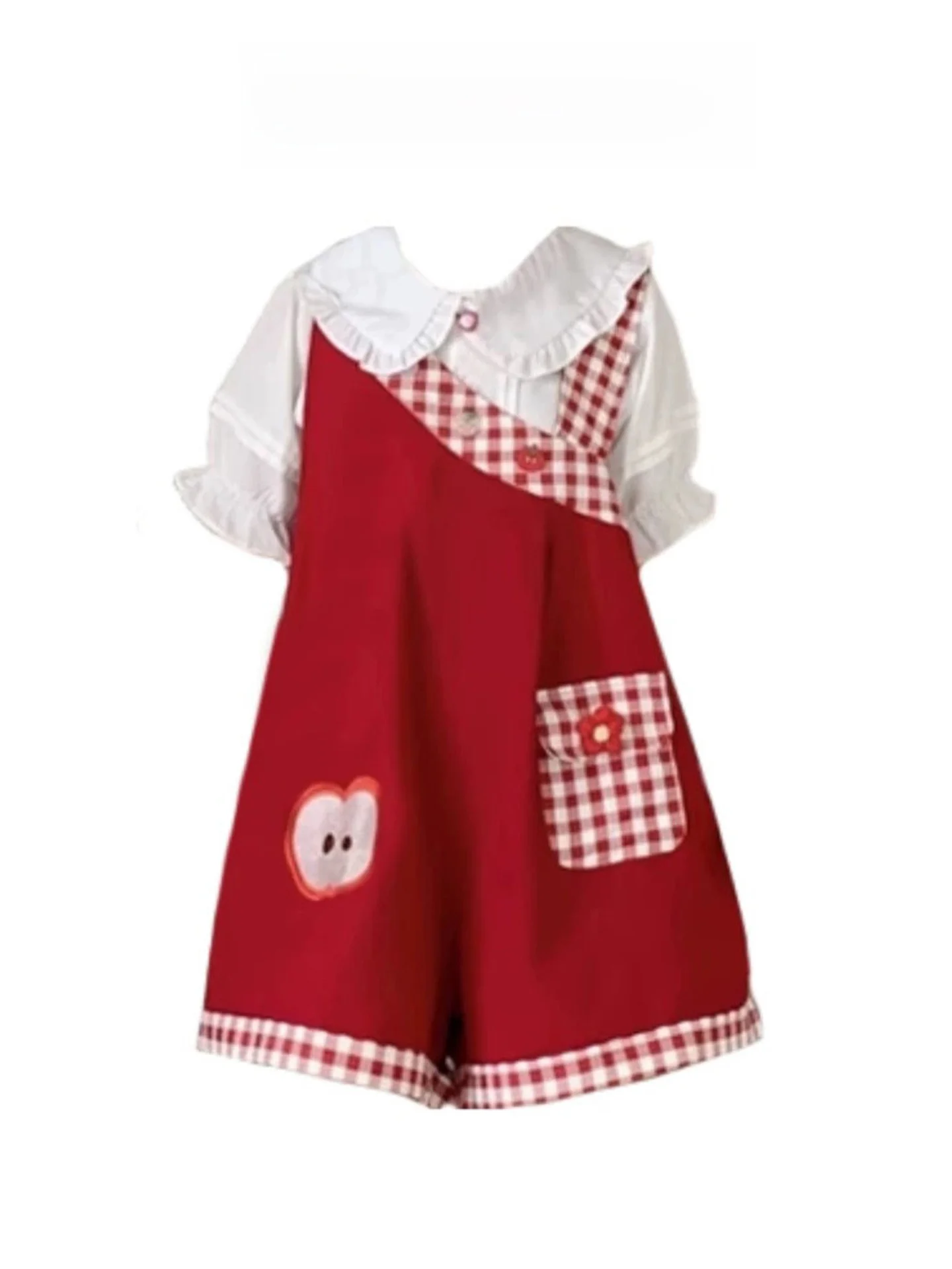 

Милый красный клетчатый комплект из двух предметов для студенток, летние брюки с кукольным воротником в стиле Лолиты для девочек, модные брюки в горошек с ремешками