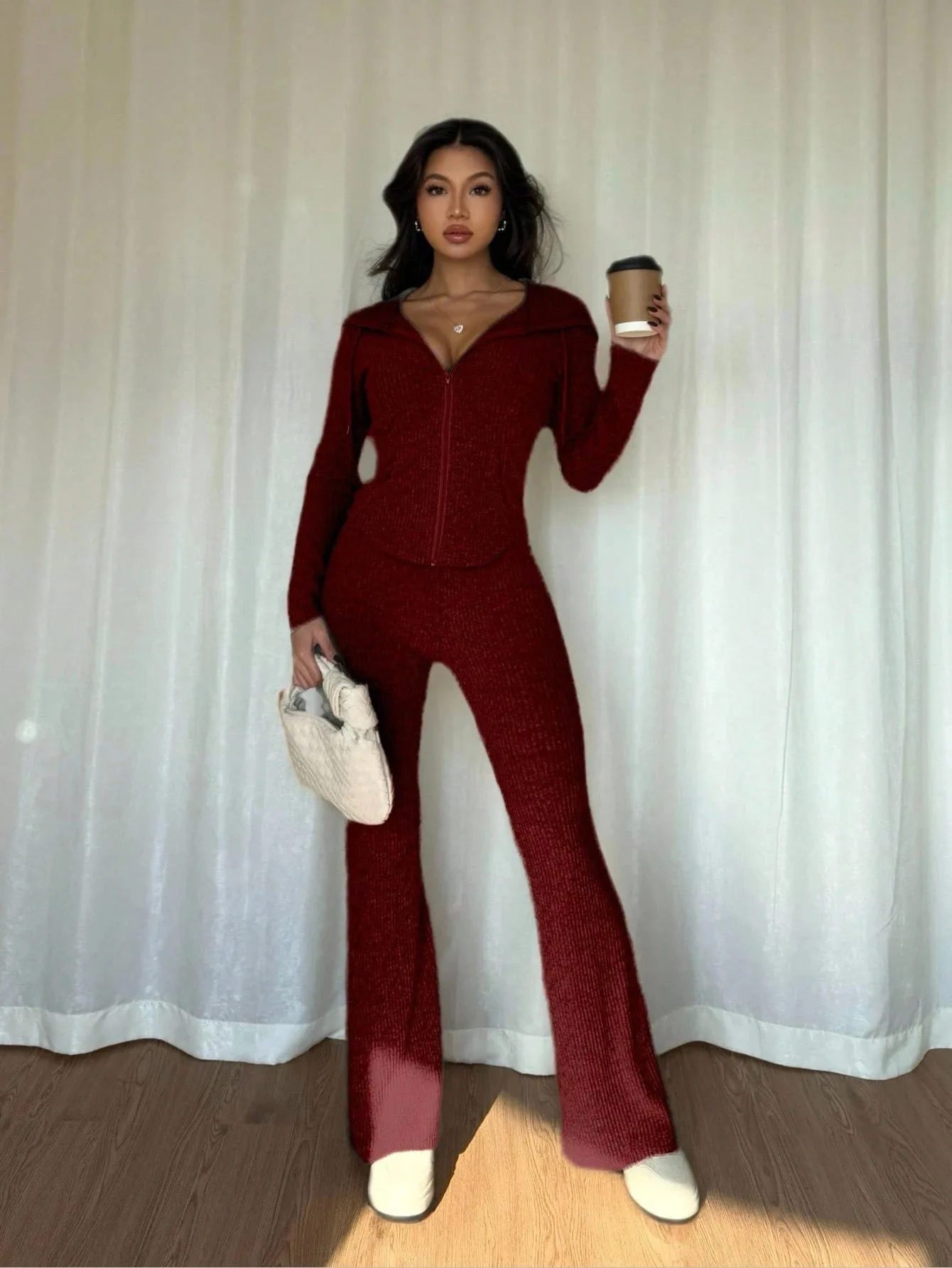 

2026 New Fashion Zipper Hooded Jacket + Wide Leg Pants Two-piece Sets Women Spring Casual Loose Top And Pants Suit For Women