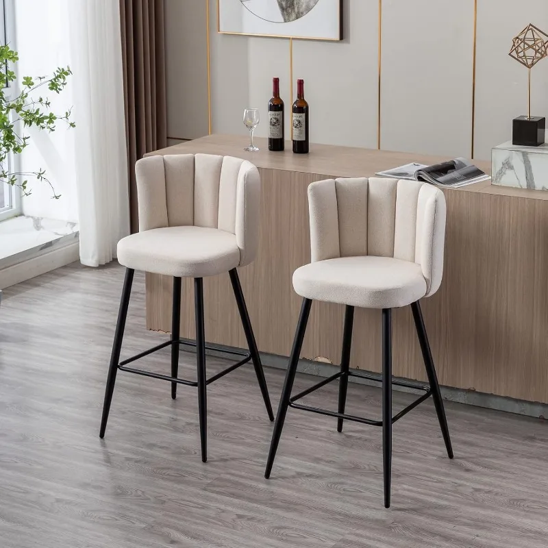 30'' Bar Stools Set of 2 Linen Fabric Bar Height Chairs with Back Upholstered Kitchen Counter Stools, White