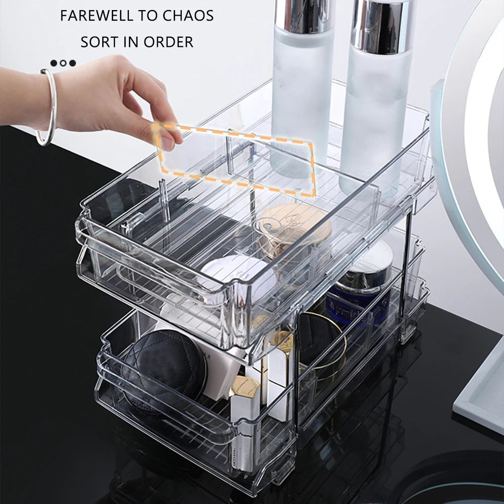 2 Tier Closet Organizer Sliding Cabinet Storage Basket Clear Acrylic Stackable Drawer Bathroom Kitchen Under Sink Organizer Tray