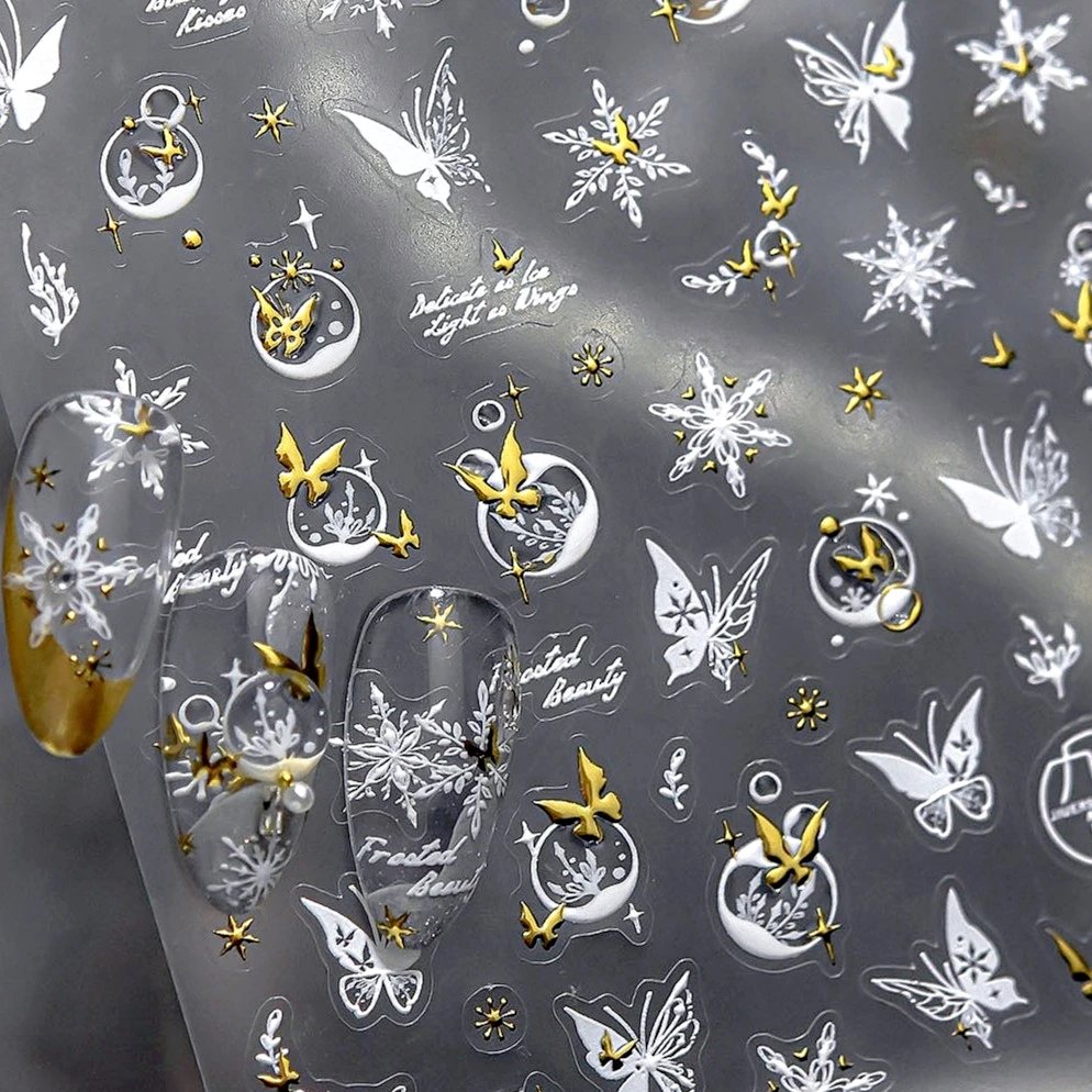 Mariposa blanca dorada, copos de nieve, perlas, rosas, lazo, estilo chino, ala de estrella de loto, pegatinas para decoración de uñas, calcomanías de herramientas de manicura