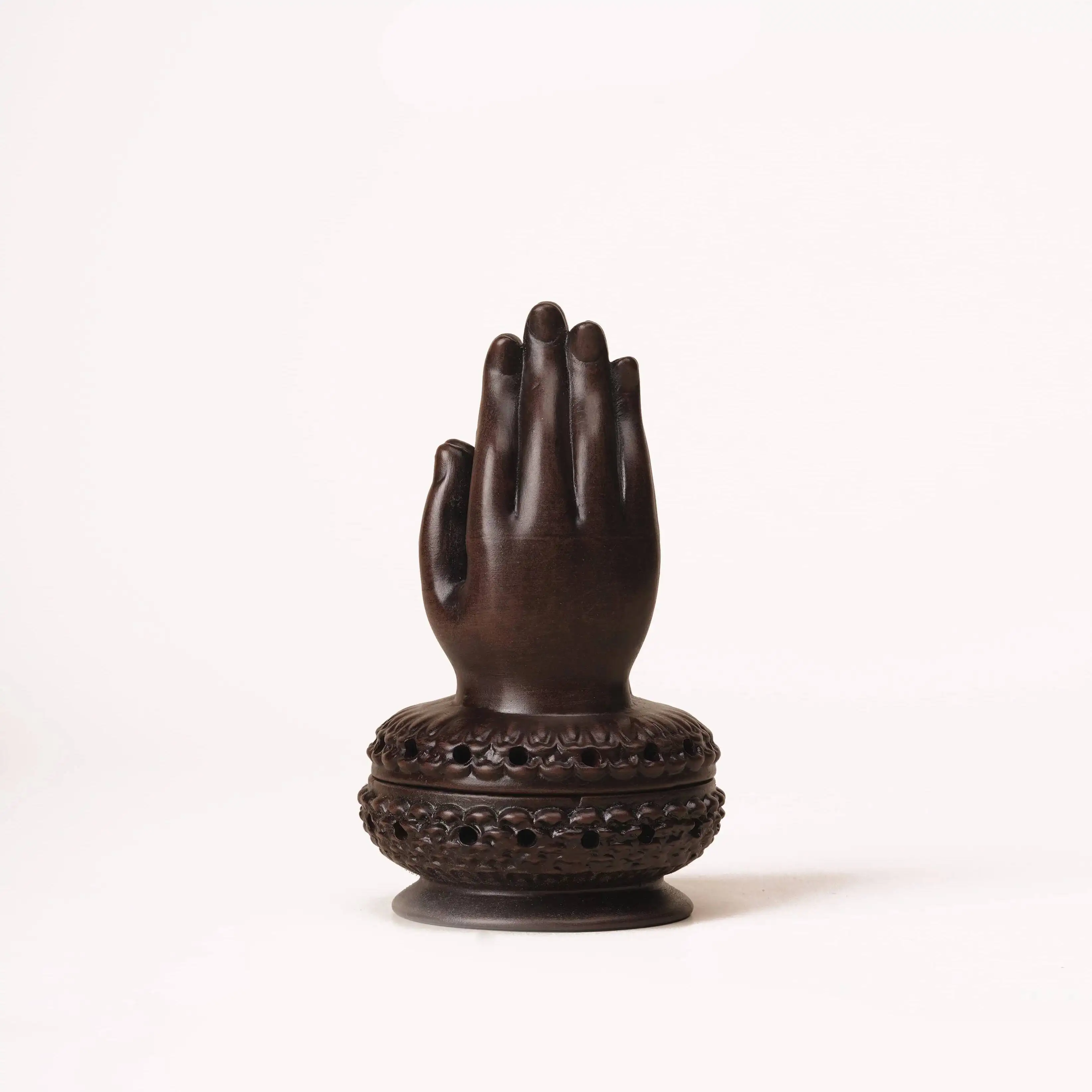 A Vintage Wooden Buddha Hand-Shaped Burner With Carved Patterns For Tea Ceremony And Zen Incense Burning