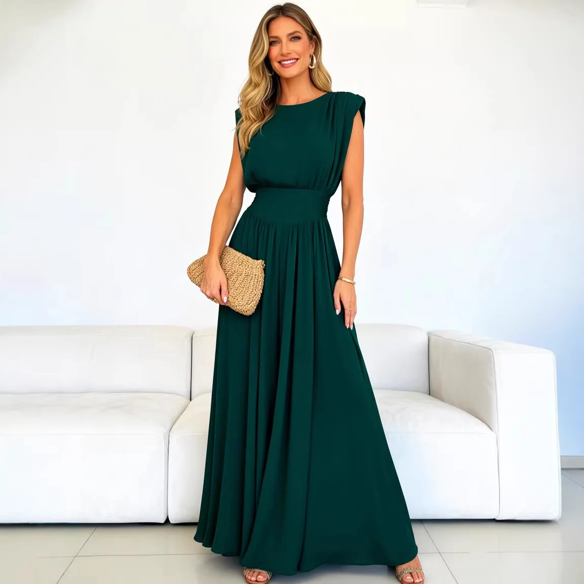 

2026 European and American new popular ruffled dress, long dress, waist-cinched evening gown