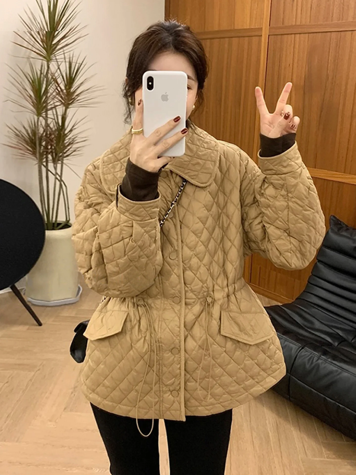 

Ele Thin Cotton Jaet Women's Autumn Winter Faion Slim Fit Lightweight Unique Sli Button Detail Korean Sle Coat