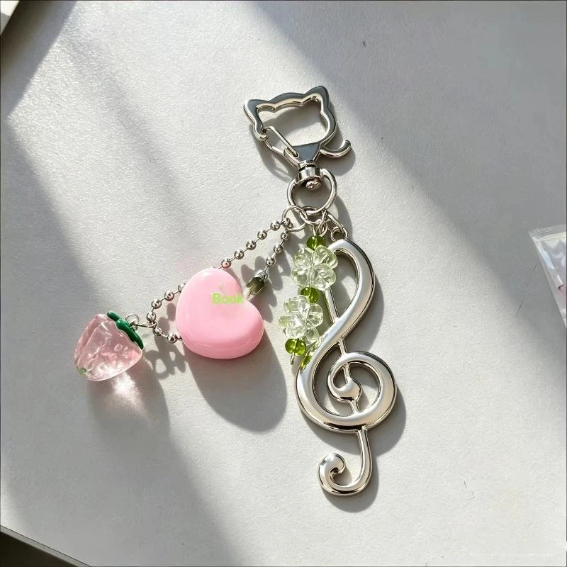 Pink Silver Kawaii Keychain Phone Lanyard Adorable Star Strawberry Music Note Design for Women Purse Backpack Decor Gift