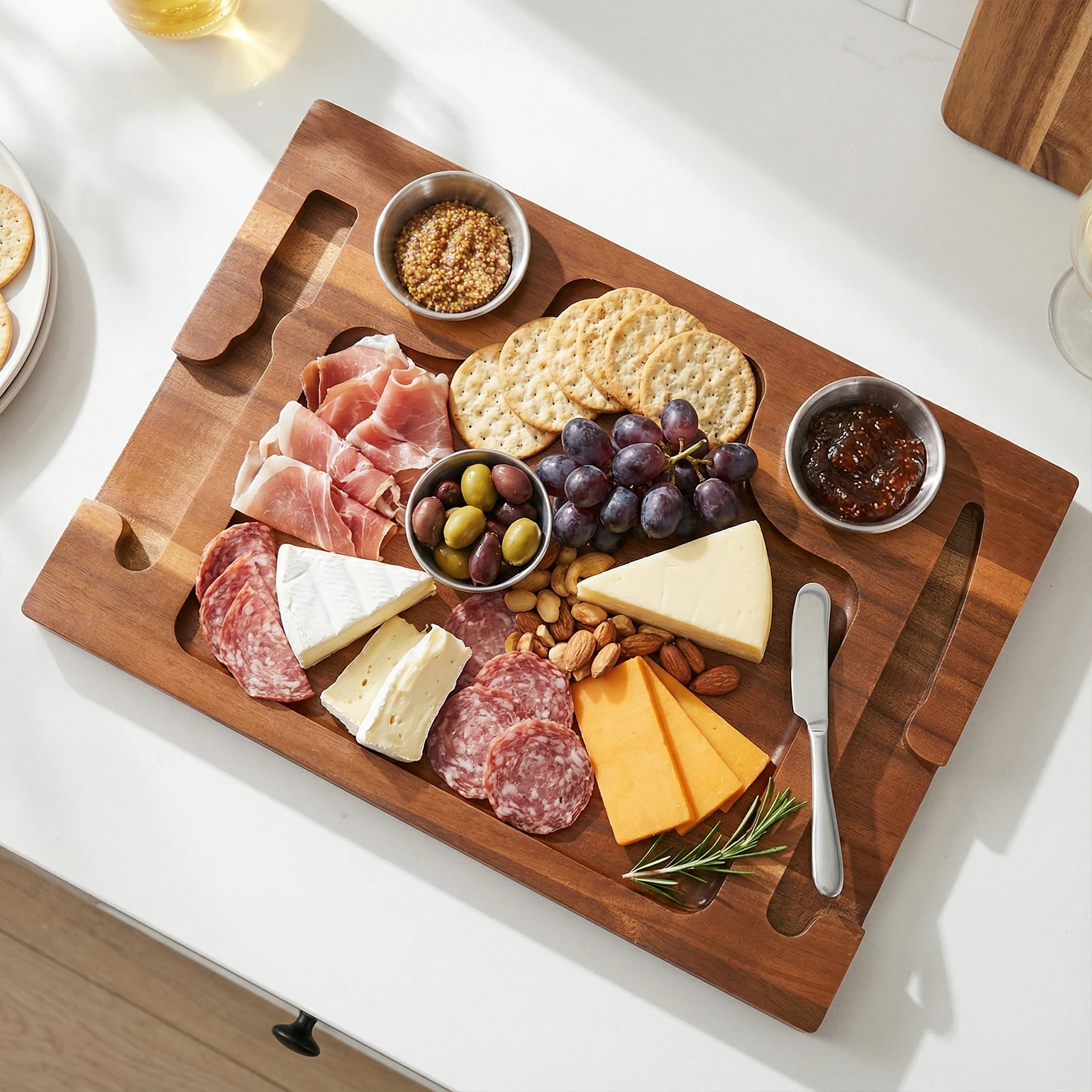 

Тарелка для сервировки из акации с углублениями и 2 соусницами для мяса, колбас и сыра