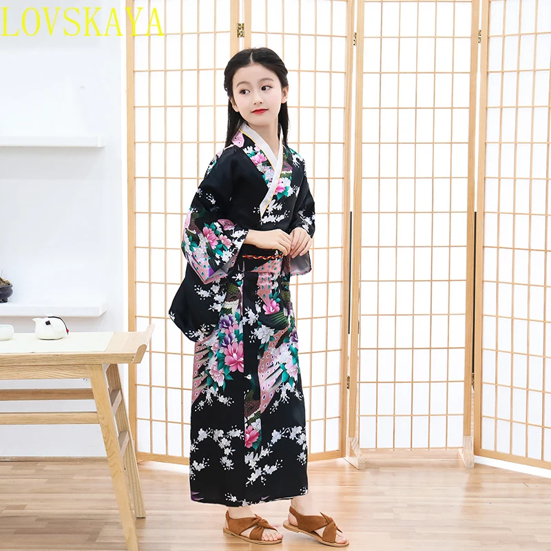 Lovely  Girls Traditional Kimono Gown Yukata With Obi Elegant Japanese Evening Dress Gown Children Stage Show Clothing