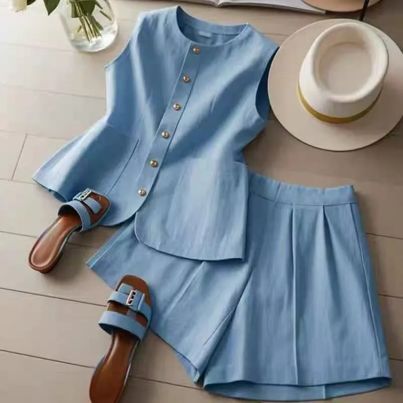 

Summer Small Pear-shaped Body Wear Niche Non-collision Fashion Foreign Style Blue Vest Shorts Suit Women Temperament Fashion
