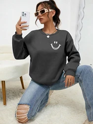 Smiling Face Printing Tops Women Fashion O-Neck Sweatshirt Autumn Fleece Casual Tracksuit Hip Hop Loose Versatile Clothes Female