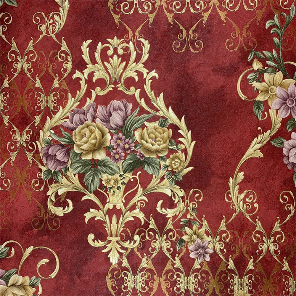 Luxurious Relief Floral Wallpaper Bedroom Living Room Hotel Southeast Asian Ethnic Style Red Background Wall Wallpaper