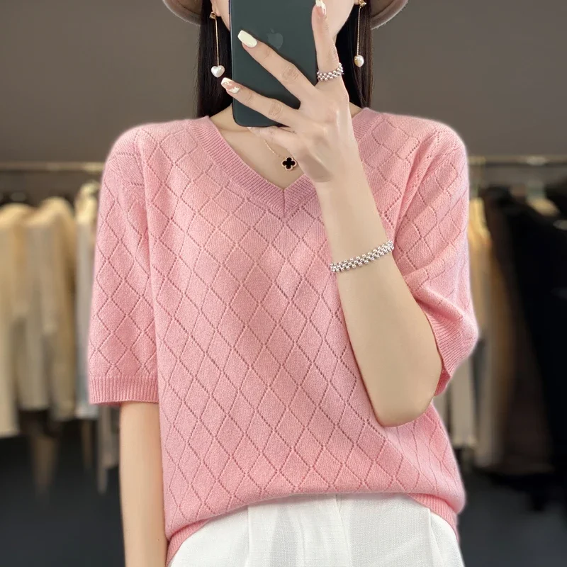 S-XXL 100% Australian wool knitted women's V-neck short sleeved sweater, loose and comfortable, thin style, new hot selling