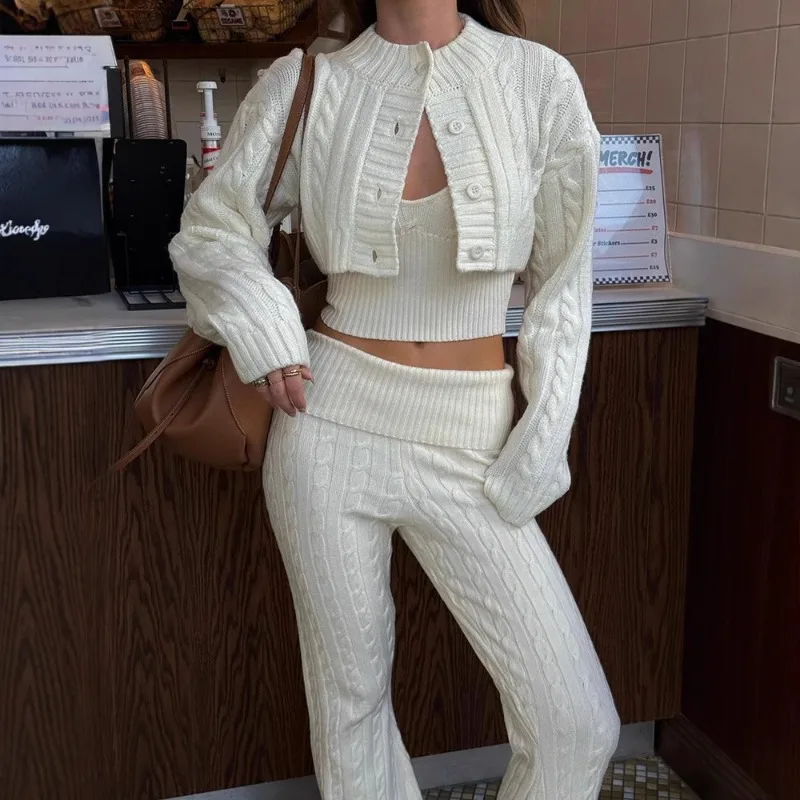 

2025 European and American Minimalist Casual Short Sleeved Sports Top High Waisted Pants Sweater Three Piece Set
