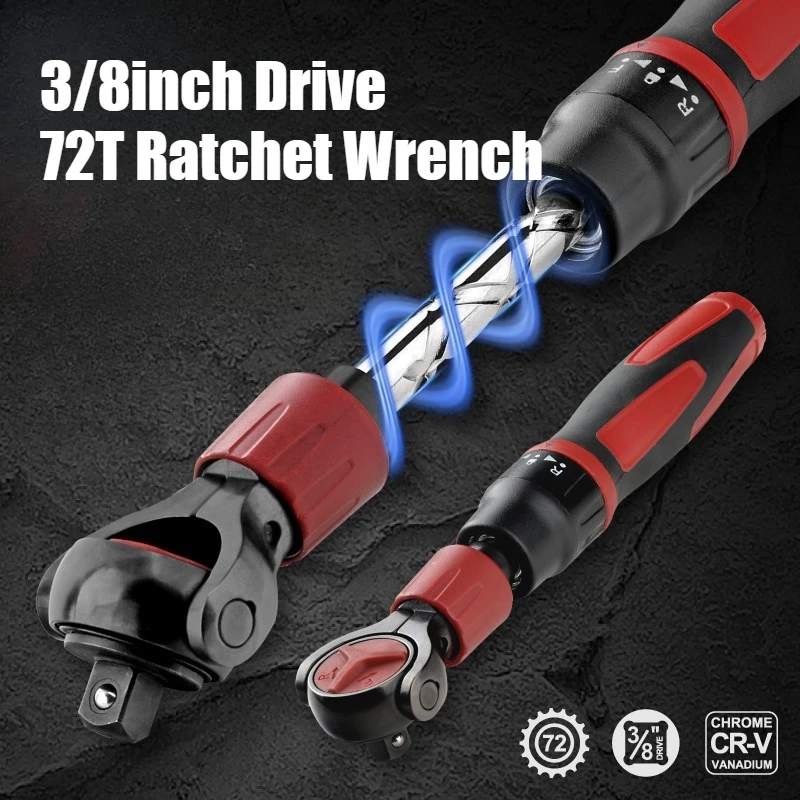 

3/8inch Drive 72T Ratchet Wrench - Steel Flexible Head Quick Release, Reversible Switch Hand Socket Wrench Tool
