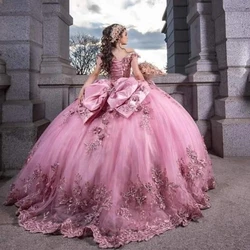 Pink Princess Quinceanera Dresses Appliqued Beads 3D Flowesr Tull Sweet 16 Dress Sweetheart Off Shoulder Ball Gown Vestidos 15De