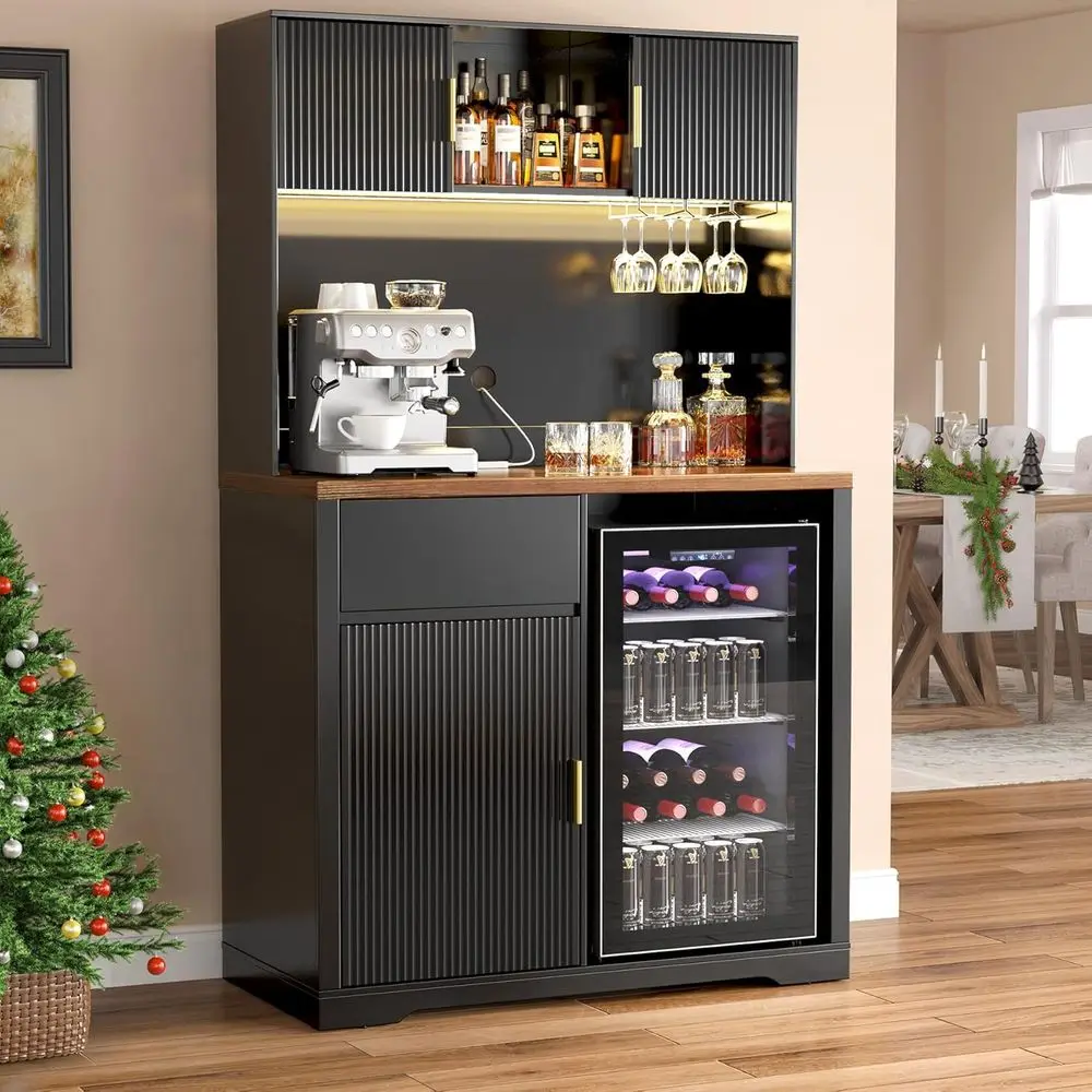 

Illuminated 72 Bar Cabinet with Ridged Storage, LED & Power Outlet for Home Bar or Dining Area