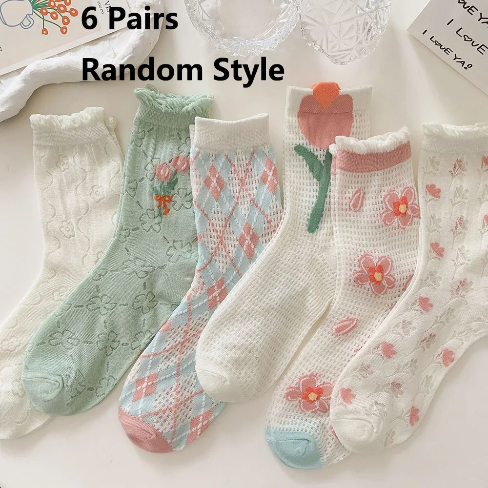 

6 Pairs Flower Pattern Mesh Breathable Socks Cotton Anti-slip Breathable Summer Floral Socks Sweet Style Casual Middle Socks