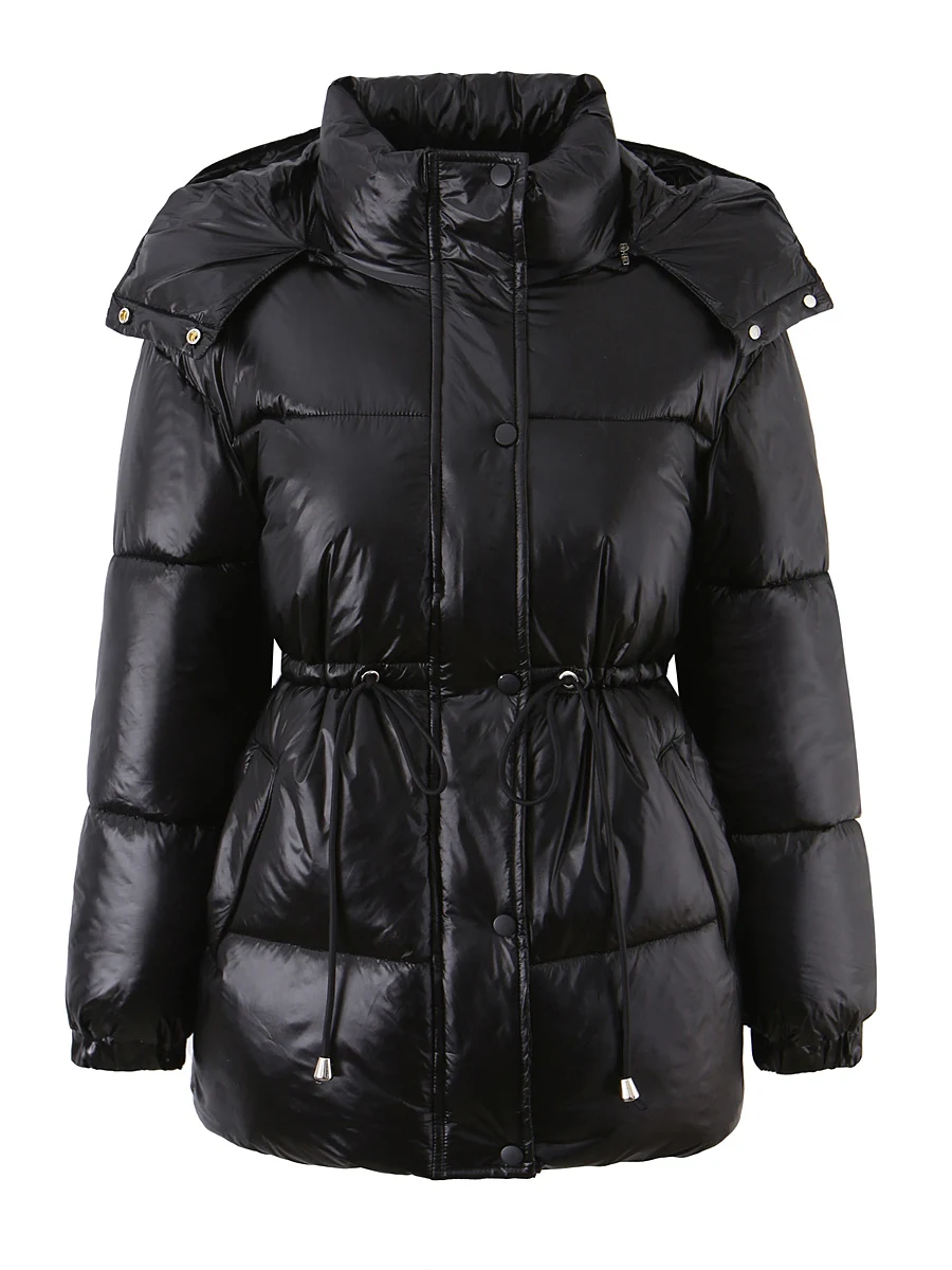 

Thiened Winter Cotton Jaet Women's Dstring Hooded Waist-Cinching Long Zipper Coat Warm Sli Bla Mid-Length Coat